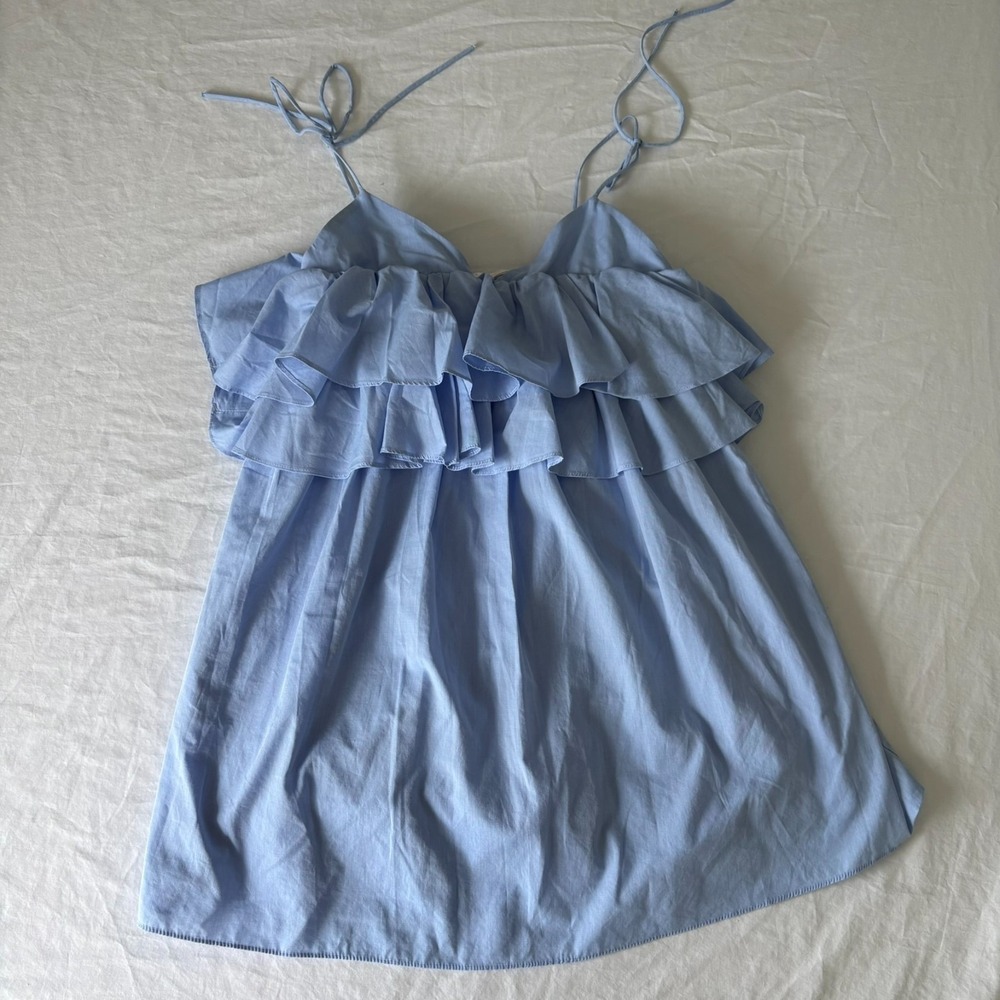 NWOT Zara Trafaluc Womens Light Blue Sleeveless Ruffle Babydoll Top Sz‎ Large